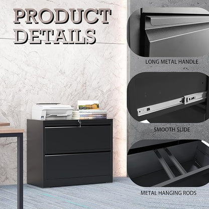 2 Drawer File Cabinet, Lateral File Cabinet with Lock, Metal Lateral Filing Cabinets for Home Office, File Storage Cabinet for Legal/Letter/A4 Documents, Assembly Required (Black, 35'W)