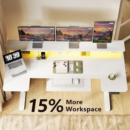 OffiGo U Shaped Electric Standing Desk with Keyboard Tray, 63 Inch Height Adjustable Desk with Power Outlets & LED Lights, Sit Stand Table with Monitor Stand for Home, Office, White