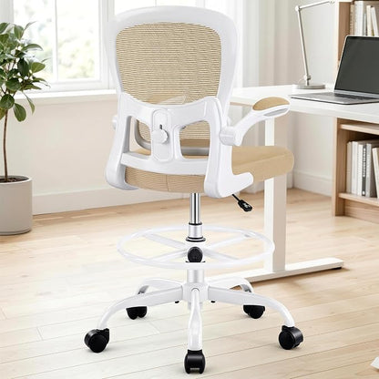 AreShark Drafting Office Chair - Ergonomic Tall Office Chair with Adjustable Footrest Ring - Counter Height Adjustable Rolling Standing Desk Chair with Lumbar Support and Flip-up Armrests for Home