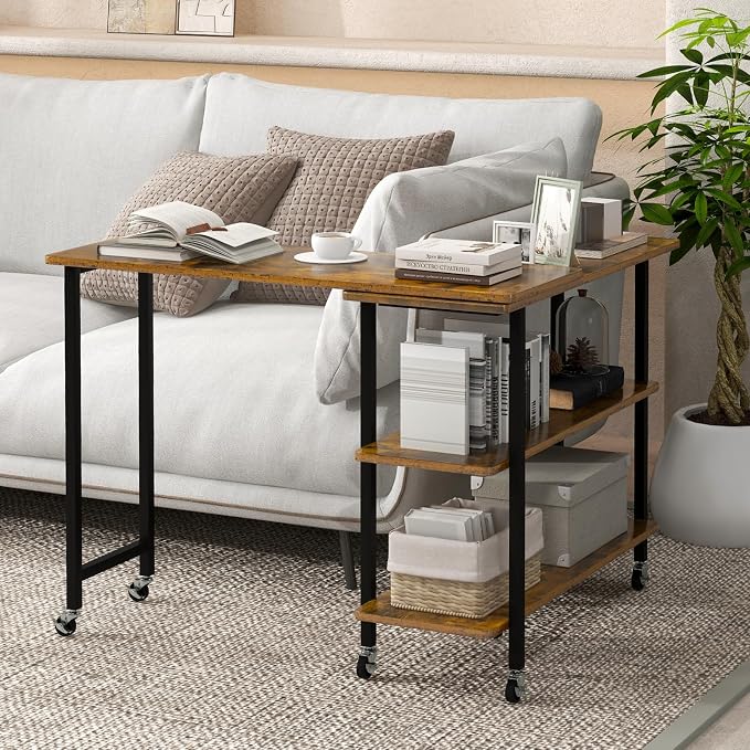 GOFLAME 360° Rotating Sofa Side Table, Mobile Couch Side End Table with 2-Tier Storage Shelves, Swivel Rolling Desk w/Metal Frame, 6 Casters, Movable Laptop Table for Home Office, Patented, Brown