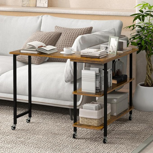 GOFLAME 360° Rotating Sofa Side Table, Mobile Couch Side End Table with 2-Tier Storage Shelves, Swivel Rolling Desk w/Metal Frame, 6 Casters, Movable Laptop Table for Home Office, Patented, Brown
