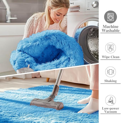 OLANLY 2x5 Machine Washable Runner Rugs for Hallway, Soft Fluffy Shaggy Bedside Rugs for Bedroom, Living Room, Indoor Floor Carpet for Kids Girls and Boys, Home Decor Aesthetic, Bright Blue