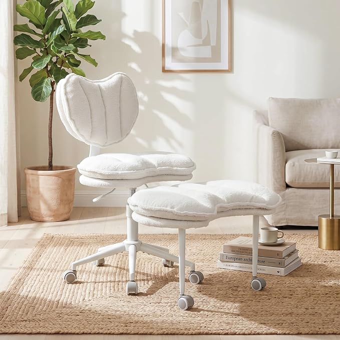Cross Legged Office Chair with Wheels, 360 Swivel Height-Adjustable Double-Layer Padding Criss Cross Meditation Chair with Lumbar Support, Artificial Rabbit Hair Fabric, Ivory