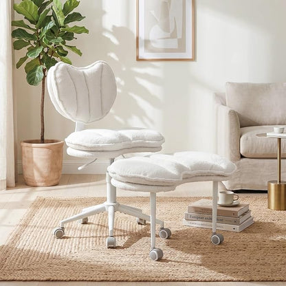 Cross Legged Office Chair with Wheels, 360 Swivel Height-Adjustable Double-Layer Padding Criss Cross Meditation Chair with Lumbar Support, Artificial Rabbit Hair Fabric, Ivory