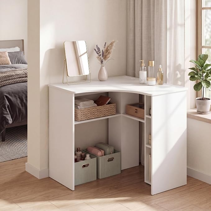 Giantex White Corner Desk, Triangle Computer Desk with Charging Station, Open Storage Shelves and Curved Edge, Space Saving Writing & Makeup Vanity Desk for Small Spaces, Home Office, Bedroom