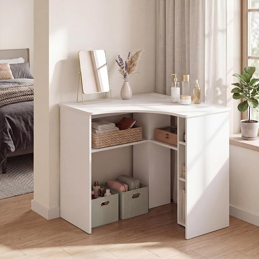 Giantex White Corner Desk, Triangle Computer Desk with Charging Station, Open Storage Shelves and Curved Edge, Space Saving Writing & Makeup Vanity Desk for Small Spaces, Home Office, Bedroom