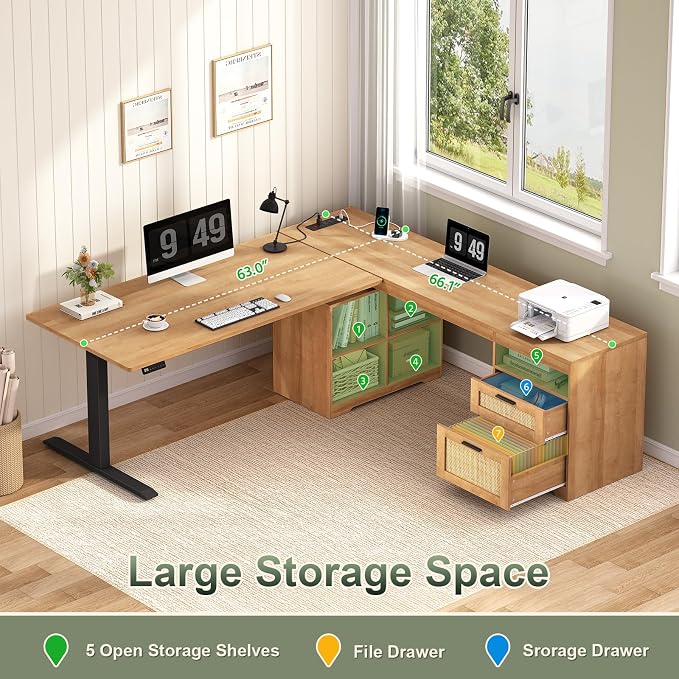 Farmhouse L Shaped Standing Desk, 66 inch Rattan Corner Electric Standing Desk with Drawers ＆ Storage Shelves, Height Adjustable Computer Desk with Power Outlets for Home Office (Natural Oak)