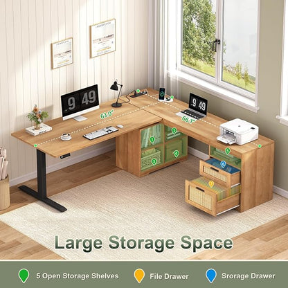 Farmhouse L Shaped Standing Desk, 66 inch Rattan Corner Electric Standing Desk with Drawers ＆ Storage Shelves, Height Adjustable Computer Desk with Power Outlets for Home Office (Natural Oak)