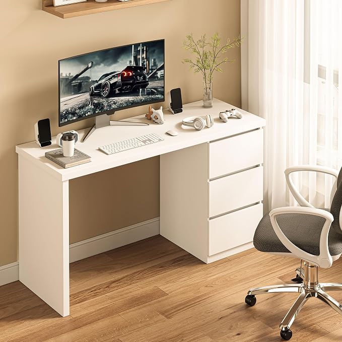 furtble White Desk with Drawers, 55'' W Home Office Computer Desk Gaming Table, Modern Vanity Desk with Storage, Wood Writing Workstation for Bedroom, Living Room, White