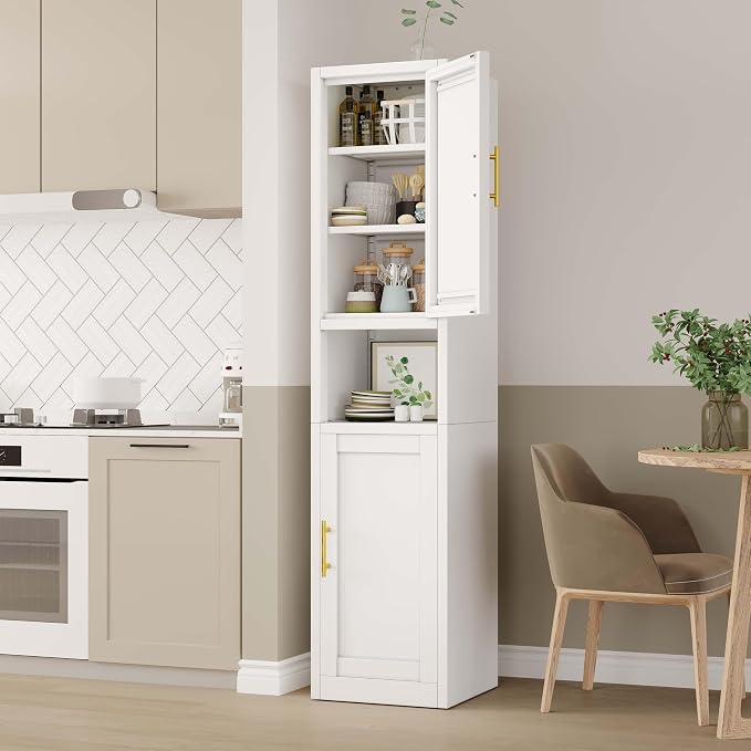 pozdeg 67" Tall Narrow Storage Cabinet Metal Bathroom Cabinet with 2 Doors & 4 Adjustable Shelves, Standing Pantry Cabinets Cupboard for Kitchen, Dining Room, Living Room and Bathroom (White)