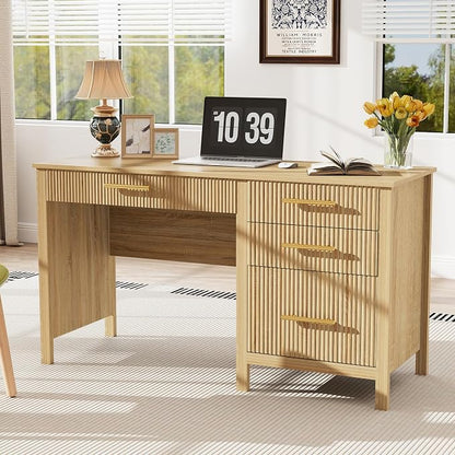 Modern Executive Desk with Drawers: 54 Inch Oak Home Office Desks with File Drawer, Wood Fluted Desk with Storage, Writing Computer Desks with 4 Drawers