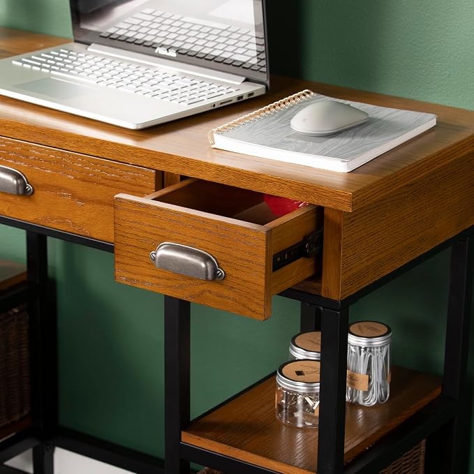 SEI Furniture "Mirada Writing Desk 42" Wide - Weathered Gray w/ Natural Brown Finish - Broad Workspace", weathered gray/ natural brown/ black