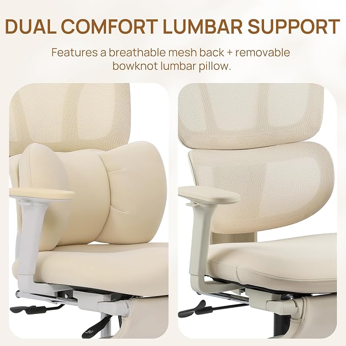 CabLady S1 High Back Ergonomic Mesh Office Chair with Footrest, 300 lbs | 115° Recline Lock, Adjust Seat Depth, 2D Arms, 3D Headrest, Detachable Lumbar Support, Breathable Mesh, BIFMA, Cream