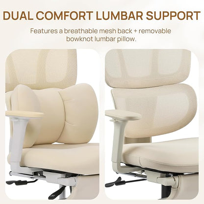 CabLady S1 High Back Ergonomic Mesh Office Chair with Footrest, 300 lbs | 115° Recline Lock, Adjust Seat Depth, 2D Arms, 3D Headrest, Detachable Lumbar Support, Breathable Mesh, BIFMA, Cream