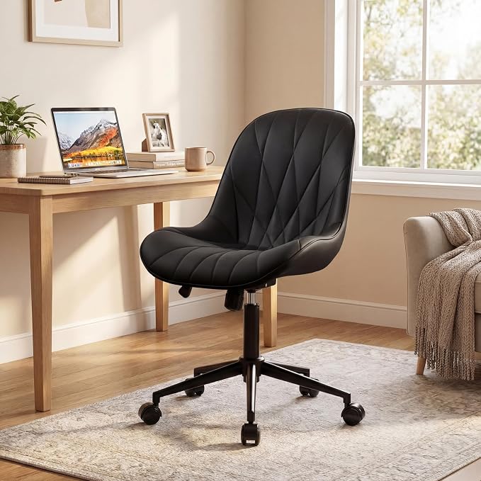 Rowill Modern Office Chair - Ergonomic Swivel Leather Desk Chair with Curved Backrest, Height Adjustable Rolling with Wheels, Perfect for Study Room & Office, Black