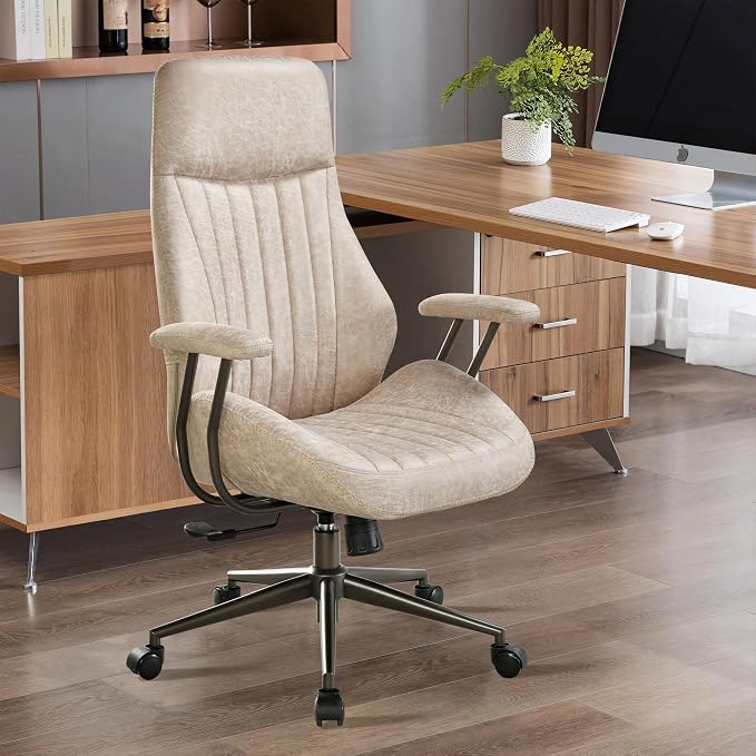 High Back Home Office Chair,Mid Century Modren Ergonomic Executive Chair,Lumbar Support Swivel Task Chair with Wheels,Computer Desk Chair Suede Fabric,350LBS (Beige)