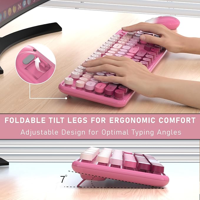 Links9+ Wireless Keyboard and Mouse, Full-Size Retro Typewriter Keyboard with Round Keycaps, 2.4GHz for Windows, Mac, Laptop, PC, Desktop (Dark Pink Gradient)
