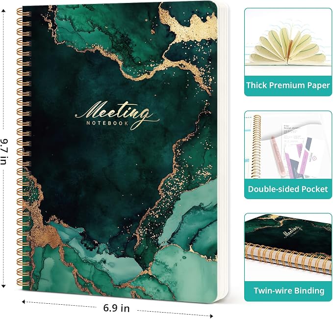 Meeting Notebook for Work Organization - Work notebook with action items, Meeting Minutes Planner Notebook, Perfect Office Supplies for Men & Women - Emerald Drift