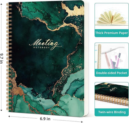 Meeting Notebook for Work Organization - Work notebook with action items, Meeting Minutes Planner Notebook, Perfect Office Supplies for Men & Women - Emerald Drift
