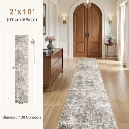 UERMEI 2x10 Washable Runner Rug for Hallway, Non Slip Low Pile Kitchen Carpet, Neutral Modern Abstract Indoor Floor Mat for Entryway Laundry, Kid & Pet Safe High Traffic Area, Brown Grey
