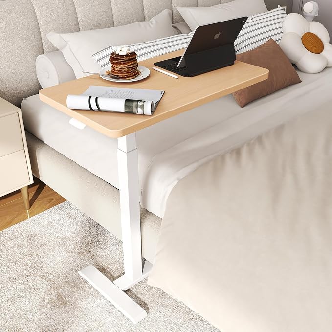 ROMOON Over Bed Bedside Table with Wheels, Rolling Height Adjustable Overbed Desk, Mobile Laptop Cart with Sturdy Frame for Hospital, Home and Small Spaces (27.6" W x 15.7" D, Natural Oak)