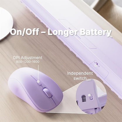Wireless Keyboard and Mouse Combo with 110 Round Keycaps, Power Switch, and Scissor-Switch Typing Feel – Ideal for Office Use (Purple)