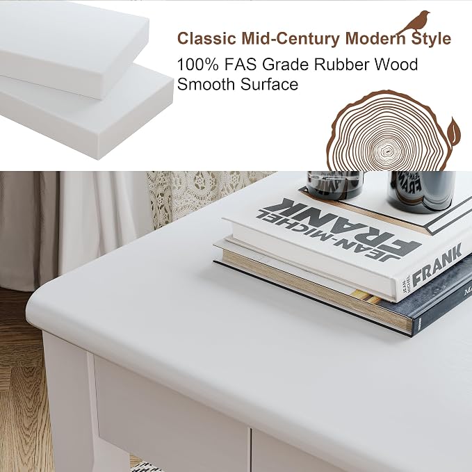 Solid Wooden Desk with Drawers - 24 x 16 Inch Narrow Desks for Small Spaces, Rubberwood Simple Study Table, Small Writing Desk for Bedroom - Modern White Desks