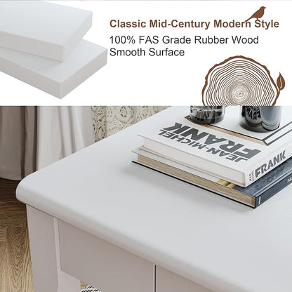 Solid Wooden Desk with Drawers - 32 x 16 Inch Narrow Desks for Small Spaces, Rubberwood Simple Study Table, Small Writing Desk for Bedroom - Modern White Desks