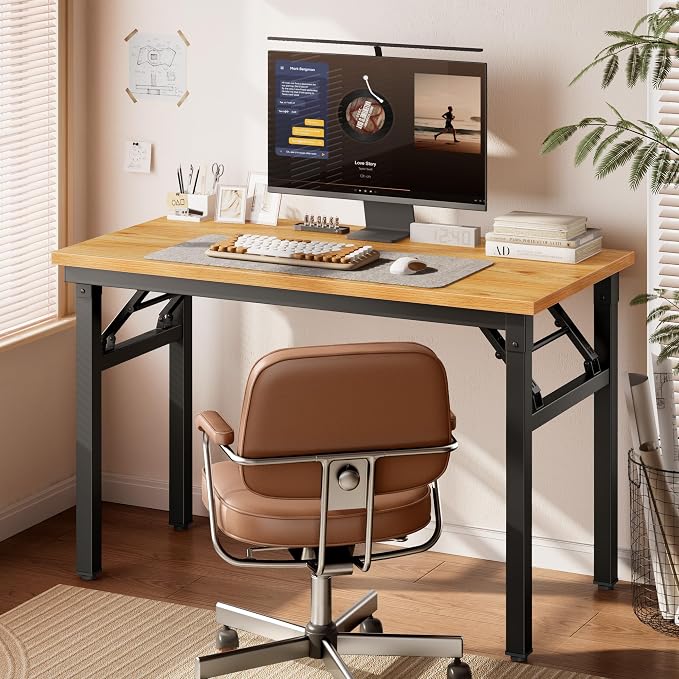 DlandHome Folding Desk for Small Spaces, 35.8'' Computer Desk Folding Table, Foldable Office Desk Computer Table Writing Workstation for Home Office, Study, Bedroom, No Assembly Required, Teak & Black
