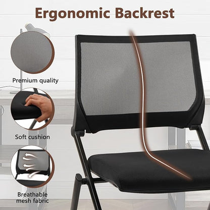 CLATINA Stackable & Foldable Conference Room Chairs, Waiting Room Chairs with Wheels & Lumbar Support, Ergonomic Mesh Bouncing Back Folding Chair for Office Meeting Schools Training Room, Black(4pk)