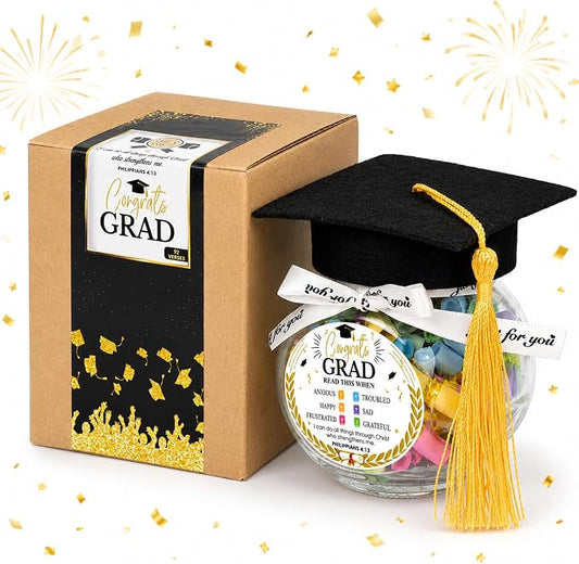 Graduation Bible Verses Jar with Grad Cap and Meaningful Cards, 2026 Graduation Gift for Him Her, Cute Congrats Class Middle High School College Congrats Grad Decor