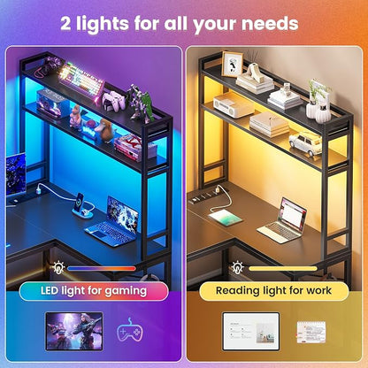 SEDETA L Shaped Gaming Desk, Reversible 45.3” Small Corner Desk with Power Outlet and LED Lights, Corner Gaming Desk with Storage Shelves, Hooks for Small Space, Black