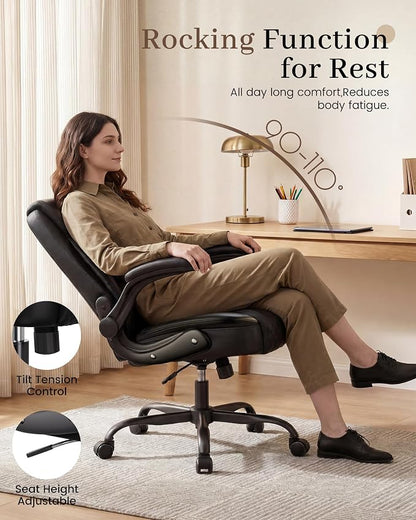 COMHOMA Mid-Back Office Chair, Ergonomic PU Desk Chair with Flip up Arms, Small Computer Gaming with Comfy Lumbar Support,Rocking Function,Sturdy Metal Base, Black