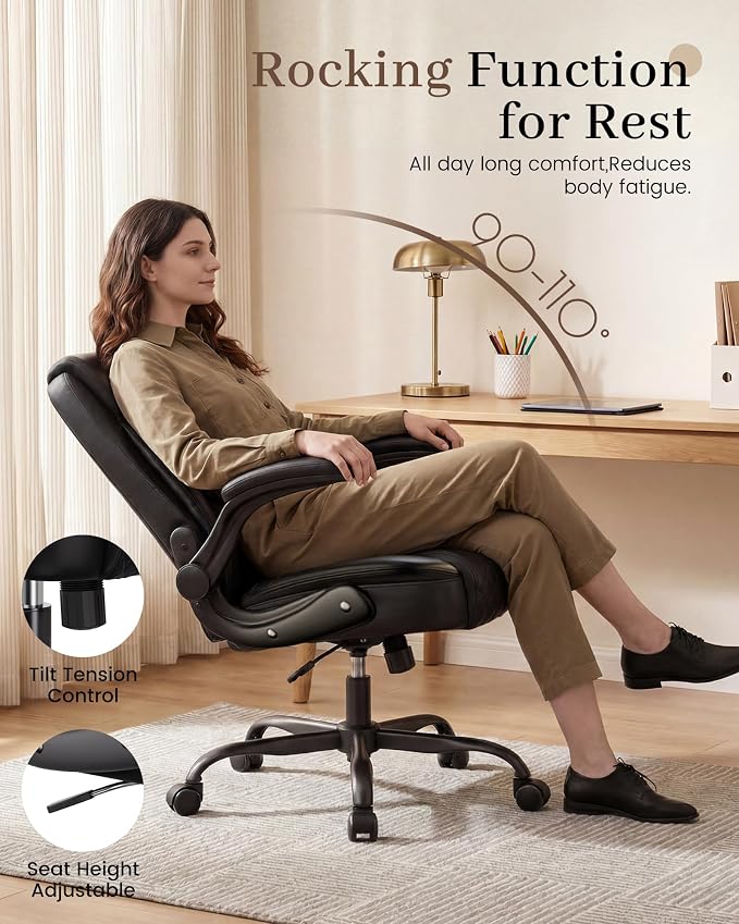 COMHOMA Mid-Back Office Chair, Ergonomic PU Desk Chair with Flip up Arms, Small Computer Gaming with Comfy Lumbar Support,Rocking Function,Sturdy Metal Base, Ink Black
