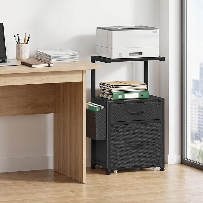 HIGDBFE 2-Drawer File Cabinet with Printer Stand & Dual Shelves, Black | 2-Tier Printer Storage, Letter File Drawer, Reversible Side Bag, Smooth Drawer Slides, Rolling Support Board