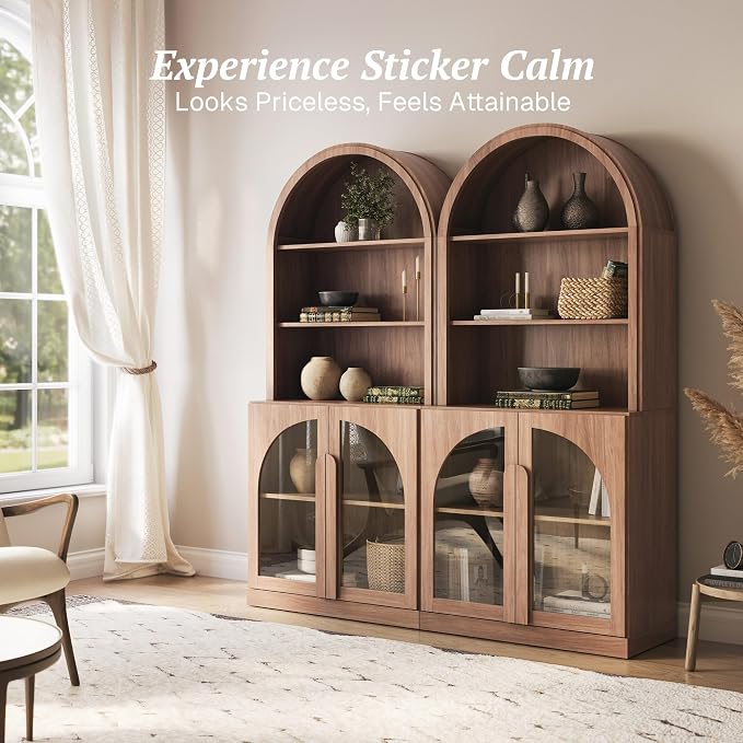 BELLEZE Set of 2 71" Tall Storage Cabinet with Glass Door, Sideboard Buffet Cabinet with Adjustable Shelves for Pantry Organizing, 5-Tier Modern Storage Unit for Living Room Home Office, Camel