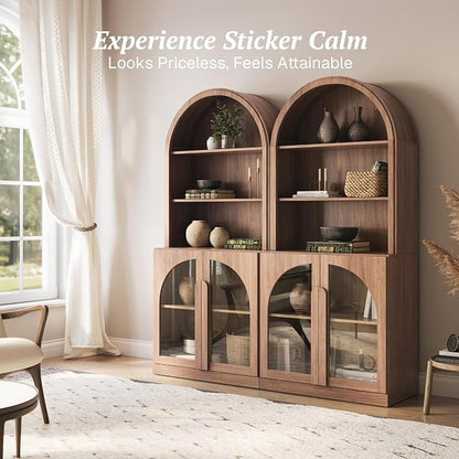 BELLEZE Set of 2 71" Tall Storage Cabinet with Glass Door, Sideboard Buffet Cabinet with Adjustable Shelves for Pantry Organizing, 5-Tier Modern Storage Unit for Living Room Home Office, Camel