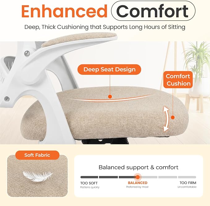 NEO CHAIR Office Chair Computer Desk Chair Ergonomic Gaming Comfy Mesh with Flip-up Arms Lumbar Support Adjustable Height Rolling Wheels for Home Office (Beige)