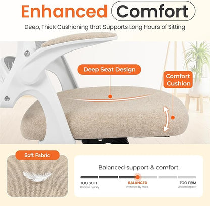 NEO CHAIR Office Chair Computer Desk Chair Ergonomic Gaming Comfy Mesh with Flip-up Arms Lumbar Support Adjustable Height Rolling Wheels for Home Office (Beige)