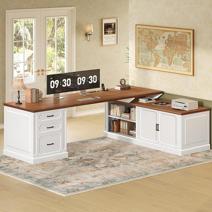 SEDETA Farmhouse L Shaped Desk with Drawers, 70.9" Home Office Desk with Storage Cabinet and Storage Shelves, L Shaped Computer Desk with Power Outlet，White+Brown