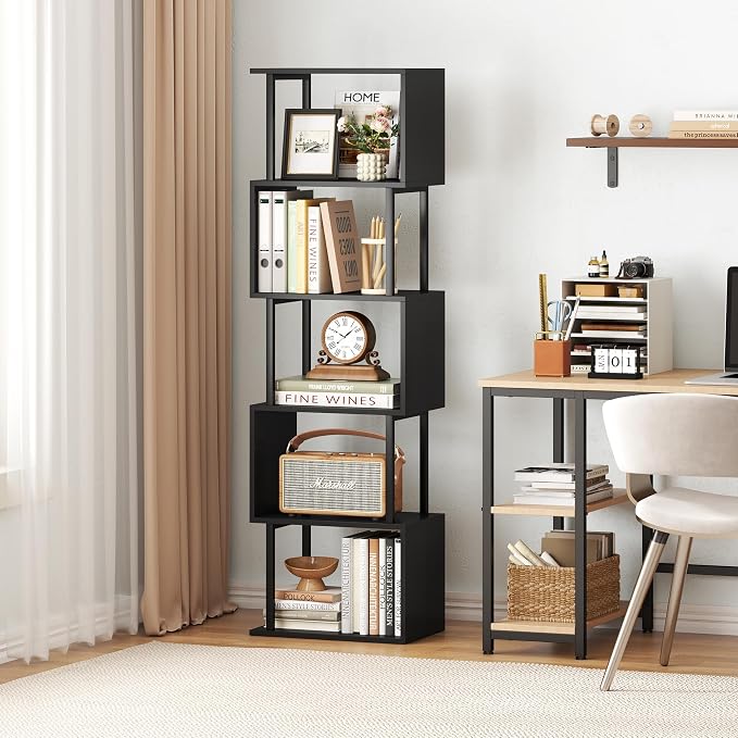 Yusong Bookshelf 5-Tier, Geometric Bookcase S Shaped Book Shelves for Bedroom, Modern Wood Decorative Display Shelf Corner for Home Office, Black