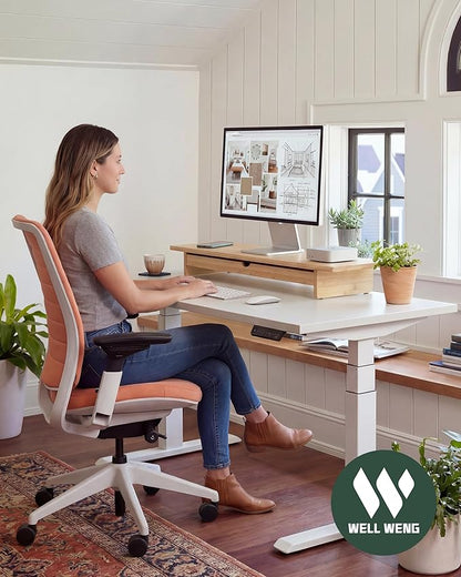 Bamboo Monitor Stand with Large Storage Drawer, 42 Inch Ergonomic Computer Riser for Desk, Screen Shelf with 7 Compartments for Keyboard & Stationery Organization