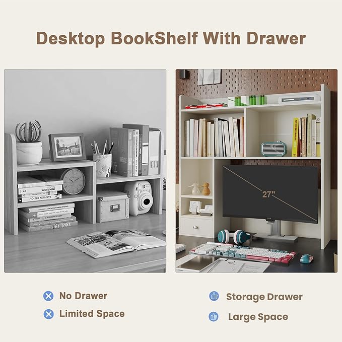 ChooChoo Desktop Bookshelf, 36.4" Tall Countertop Desk Hutch with 5 Shelves and 1 Drawer for Computer Desk, Desk Shelf Organizer for Dorm Office Home,White