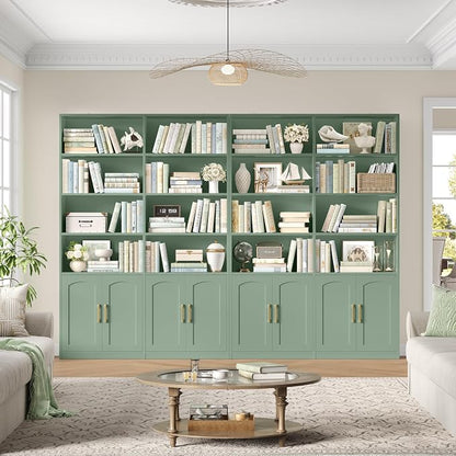 FACBOTALL Bookshelf and Bookcase with Doors, 6 Tier Double Wide Large Bookshelves, Open Display Shelves, 73'' Tall Bookshelf with Storage Cabinets for Home Office, Living Room, Library, Green