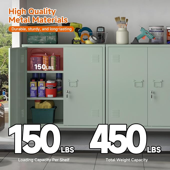 Metal Storage Cabinet Locking Storage Cabinet (Green) | With 2 Adjustable Shelves and Doors, Small Storage Cabinet for Home Warehouse Office Garage