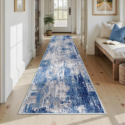 RELEANY Washable Area Rugs 2'6"x12 Non-Slip Modern Abstract Soft for Living Room Entryway Bedroom Kitchen, Print Pattern, Blue Grey Navy Gray