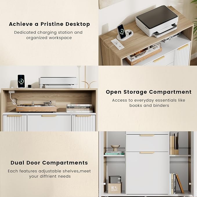 ModernMate Fluted Mobile Office File Cabinet with 3 Drawers, 37" Rolling Storage Cabinet with Charging Station, Small Printer Stand for Home Office, Light Walnut