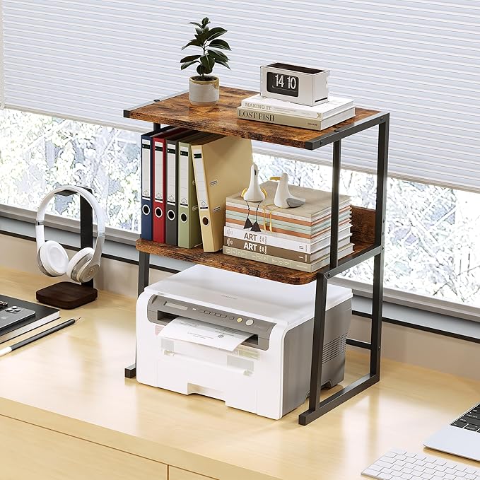 Homeiju 3-Tier Printer Stand for Desk, Desktop Printer Shelf, Heavy Duty Metal Frame Wood Shelf for Home Office Holds Up to 50lbs, Space-Saving Desk Organizer forfor Home Office, Rustic Brown