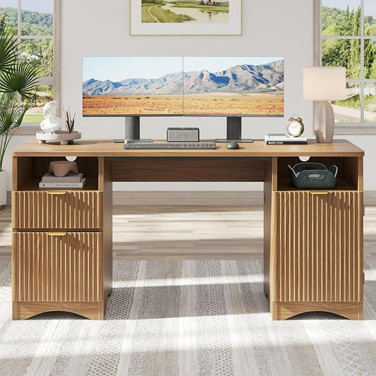 Bestier 59 inch Computer Desk with 2 Drawers, Office Desk with Storage File Cabinet and 2 Open Storage Shelves, Modern Fluted Executive Desk for Home Office Bedroom, Brown Oak