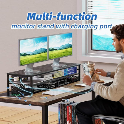 Simple Trending 2 Tier Metal Monitor Stand Riser with USB 2.0 and Charging Prot , Computer Office Desktop Organizer for 2 Monitors with 2 Drawer Storage and Reusable Cable Ties for Printer, TV, Black